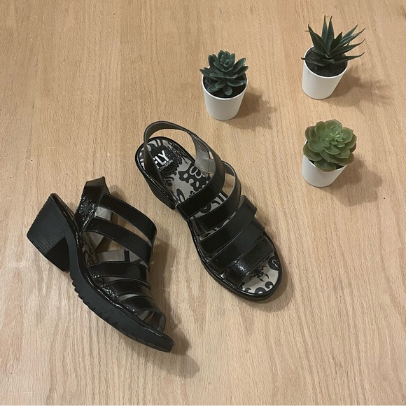 Fly London Shoes - Fly London Woze Patent Leather Multi-Strap Heeled Sandals in Black
